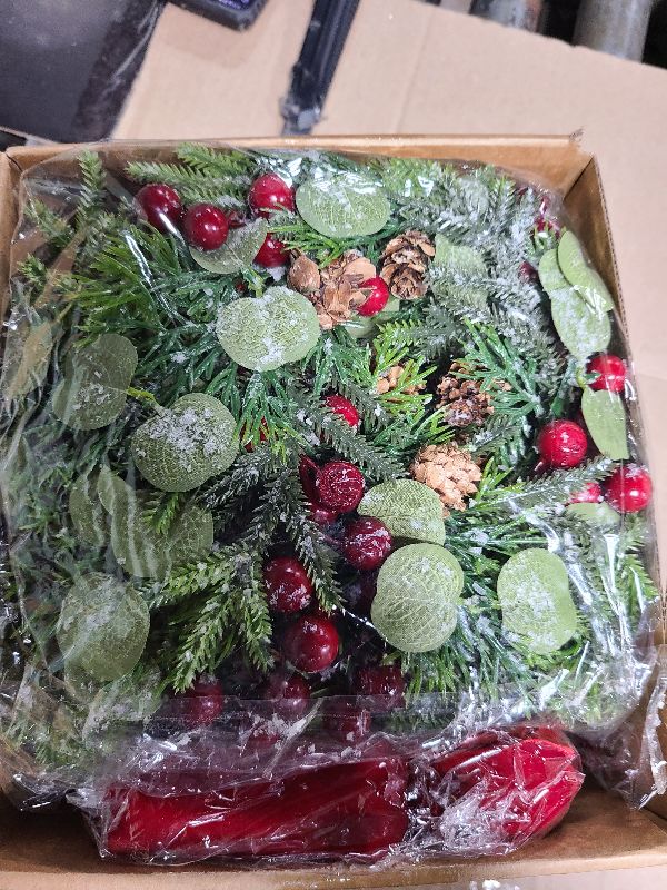 Photo 1 of 12 Pcs 9 Inch Christmas Artificial Wreaths for Kitchen Cabinet Norfolk Pine Garland with Red Berries Pinecones Wreaths Swags Snowy Pine Candle Rings Holder for Christmas Decorations Table Centerpiece