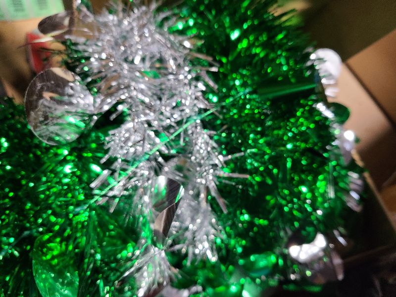 Photo 1 of [Timer] 5 Ft Pop Up Christmas Tree with Lights,Green & Silver Tinsel Pencil Tree with 50 LED Light 30 DIY Ball Ornaments Gift Boxes Canes Battery Operated for Xmas Party Holiday Home Indoor Decor