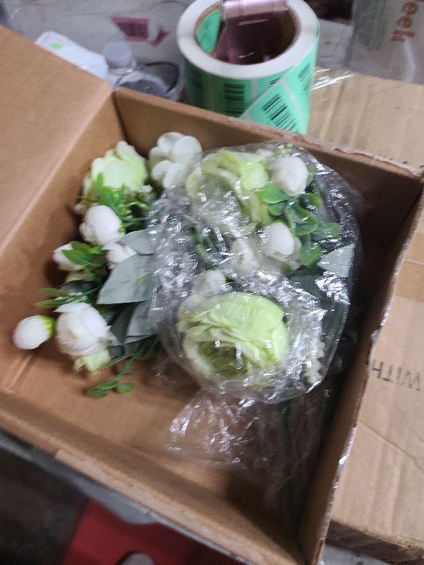 View 2 of 2 Bunches Green Peony Artificial Flowers for Decoration Faux Rose Fake Bouquet Silk Arrangements Table Centerpiece for Vase Cake Topper Bridal Baby Shower (2, Green White)