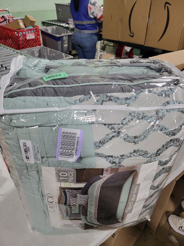 Photo 1 of LANCO MODERN LIFESTYLE California King Comforter Set, Blue Grey, 10 Piece Bed in a Bag for All Seasons, Luxury Extreme Comfort Bedding Sets with Bedskirt, Pillow Shams, Euro Shams and Decor Pillows