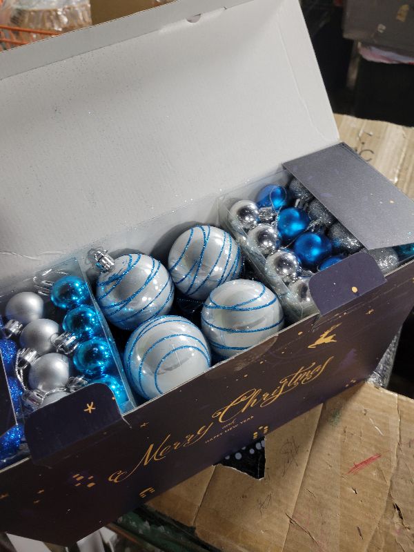 Photo 1 of 100 Pcs Christmas Ball Ornaments Set, Blue and Silver Xmas Tree Decoration, Shatterproof Decorative Hanging Balls with Loop for Christmas Party Holiday Wreath Garland Home Decor