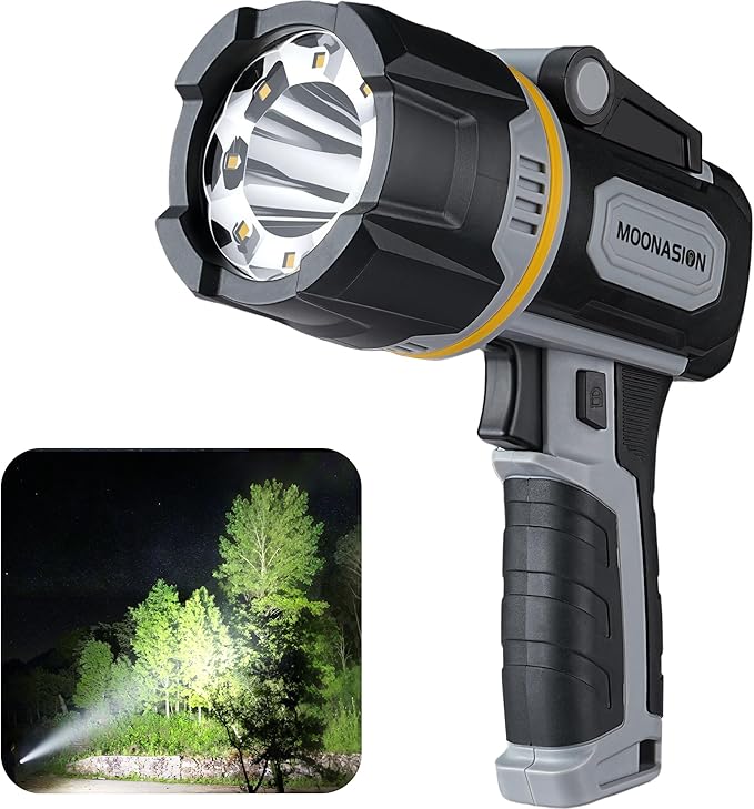 Photo 1 of **MSRP 29.99**MOONASION Rechargeable Spotlight 100000 Lumen, Super Bright LED Spotlight Flashlight with COB Light & Foldable Stand, Long Lasting Large Handheld Spot Light for Boating Camping Boat Marine