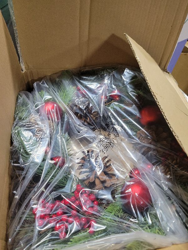 Photo 1 of 22 Inch Christmas Wreaths for Front Door with Hanger Red Ball Ornaments Berries Pine Cones Xmas Winter Wreath for Home Wall Window Porch Thanksgiving Holiday Indoor Outdoor Decor