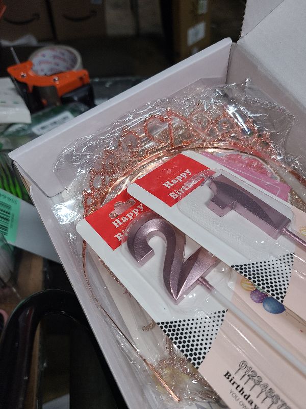 Photo 1 of 12th Birthday Decorations for Girls, Including 12 year old Cake Topper, Birthday Queen Sash with Pearl Pin, Sweet Rhinestone Tiara Crown, Number Candles and Balloons Set, Rose Gold