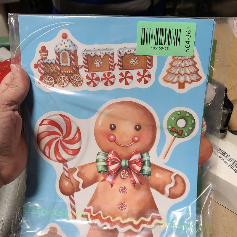 Photo 1 of 12 Sheets Christmas Window Clings, Xmas Gingerbread Candy Decals Stickers, Removable Holiday Decorations for Glass Windows, Home Office Decor
