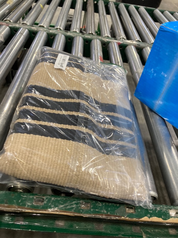 Photo 1 of OJIA Outdoor Rug 3'x5', Black and Tan Area Rug Machine Washable Rugs Cotton Hand Woven Entry Rug Indoor Outdoor Striped Carpet for Front Porch/Deck/Backyard/Camping/Outdoor Decor