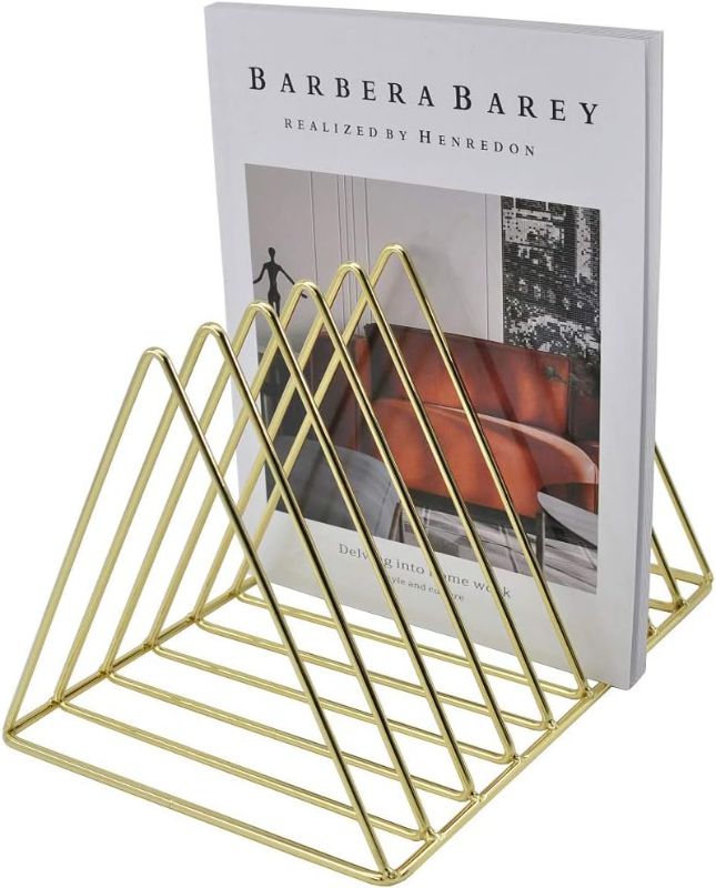 Photo 1 of EASEPRES Gold File Holder Organizer, Triangle Record Album Holder Magazine Wire Rack, 9 Slot Multifunction Desktop Storage Decor for Home Office