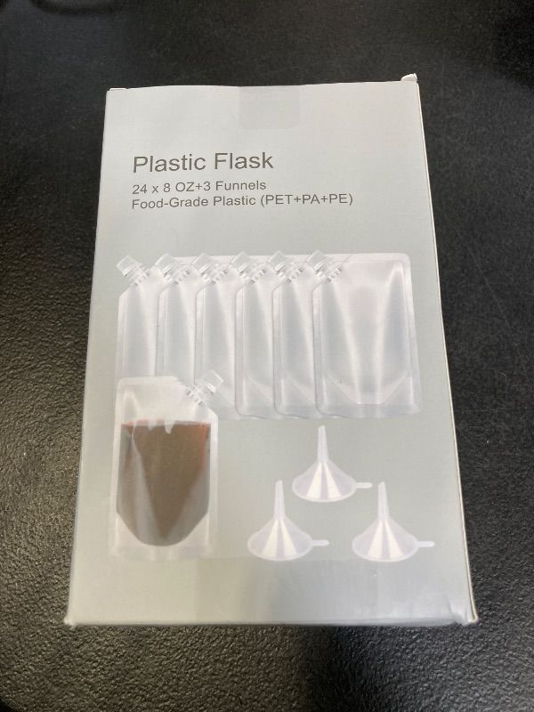 Photo 1 of 24 Pcs Plastic Flasks, 8 Oz Concealable and Reusable Drink Pouches, Leak-Proof Food Grade Plastic for Travel (8OZ-24PCS +3 Funnels)