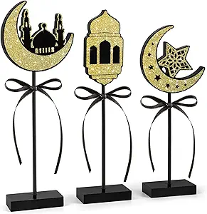 Photo 1 of 3 Pieces Ramadan Decorations Eid Mubarak Table Decor Wooden Set, Islamic Ramadan Tiered Tray Decor for Muslim Party Tabletop Decor Home