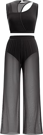 Photo 1 of IBAKOM Lyrical Dance Costume for Women Sleeveless Cutout Crop Top Long Sheer Pant with Built-in Pantie Adult Contemporary Dance Outfits Sexy Two Pieces Ballroom Salsa Jazz Set Black - S
