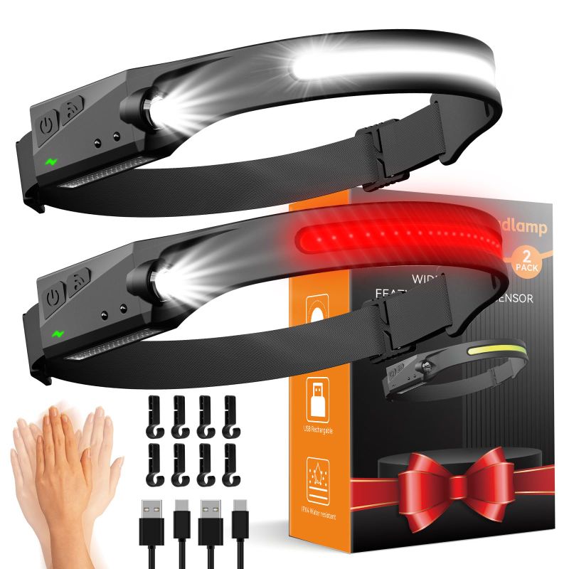 Photo 1 of 2packs Head Lamps led Rechargeable USB c,10W LED Headlight with Wave Control, COB Auxiliary Light, Red Warning Light, Type-C Fast Charging, 15H Runtime for Camping/Fishing/Mining (tggyd001)