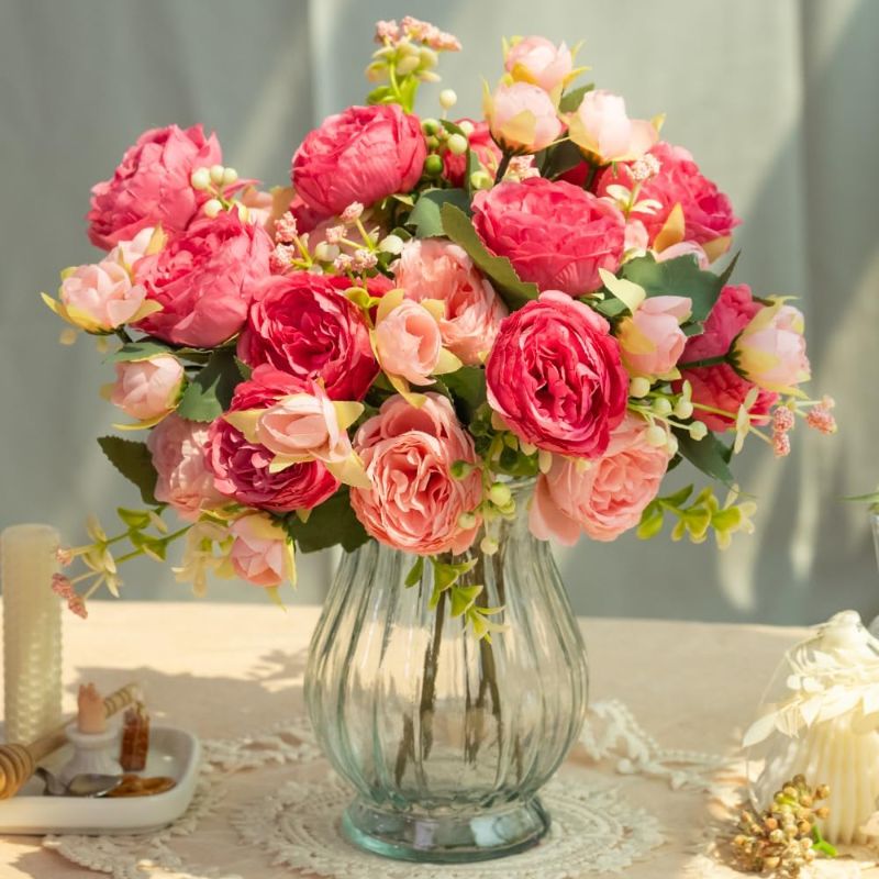 Photo 1 of JARELING Artificial Peonies Silk Flowers Bouquet in Glass Vase Faux Flowers Bouquets Modern Penoy Arrangement for Home Decoration Table Centerpiece (Bouquet-Rose Red)+