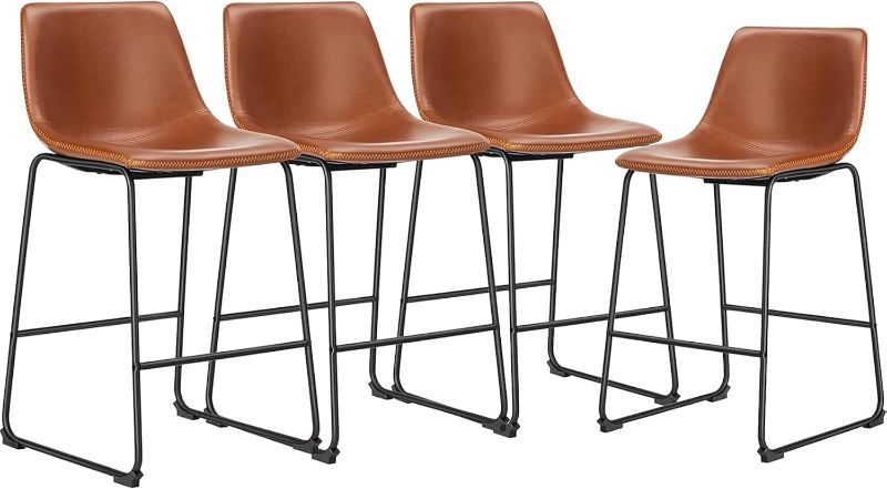 Photo 1 of DUMOS 26 Inch Counter Height Bar Stools Set of 4, Modern Faux Leather High Barstools with Back and Metal Leg, Bar Chairs for Kitchen Island, Brown
