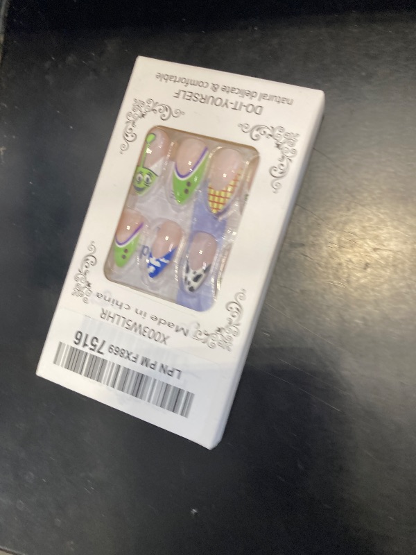 Photo 1 of 24Pcs Halloween Press on Nails Medium Almond Fake Nails with Cute Cartoon Pattern Design Reusable False Nails Kit French Tip Nails Press ons Artificial Nail Cute Funny Almond Stick on Nails for Women