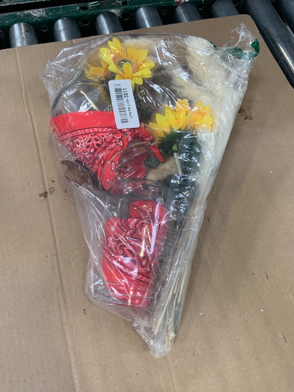 Photo 1 of 6 Set Western Cowboy Centerpieces Table Decor with Mason Jars Mini Horseshoe Cowboy Hat Wooden Wagon Wheel Bandanas Sunflowers Dried Flowers for Rodeo Country Birthday Party Wedding Decorations