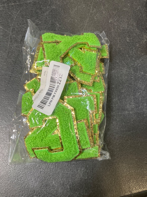 Photo 1 of Jongdari Letter Patches Varsity Chenille Iron on Letters Patchs for Clothing English Letter A-Z with Gold Glitters Border, 26pcs Green