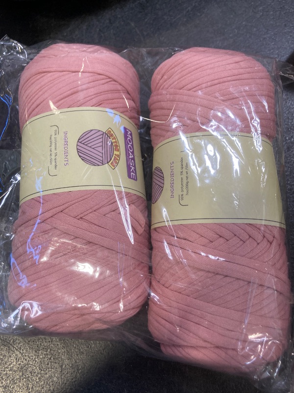 Photo 1 of 2 Pack T Shirt Yarn for Crocheting with 1 Crochet Hook, Elastic Tshirt Yarn for Crochet Bag/Baskets/Home Decor, Spaghetti Yarn Thick Knitting Yarn Total Length 130 Yds, Weight 14 Oz (Light Pink)