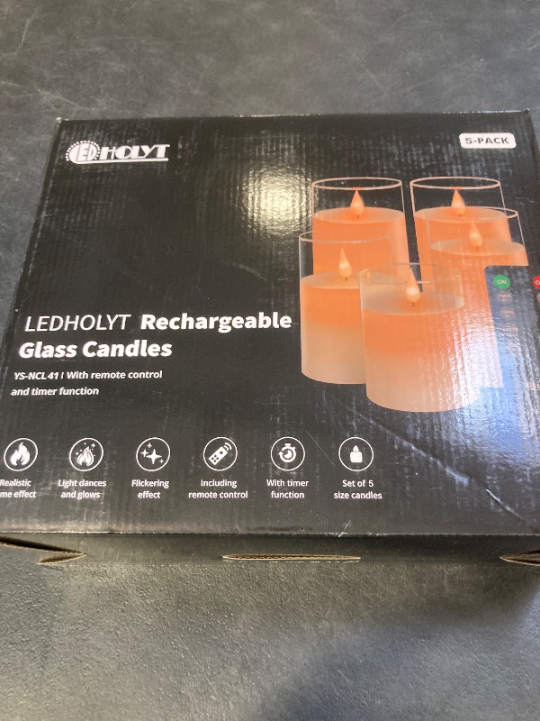 Photo 1 of LEDHOLYT Rechargeable Flameless Candle, Flashing LED Pillar Real Wax Candle with Remote Control and Timer, Teardrop Wick, Clear Glass Electronic Candles, 1 Set of 5