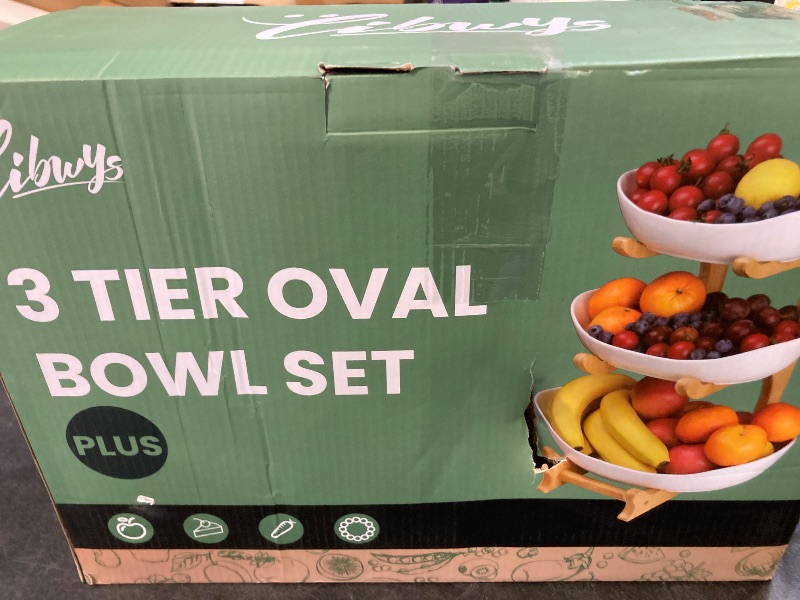 Photo 1 of Seven Sparta 3 Tier Fruit Bowl for Kitchen Counter (PLUS Series) / Ceramic Serving Bowls with Bamboo Stand/Big Size Tiered Fruit Basket for Fruit Vegetable Storage, Dessert, Salad Buffet Server