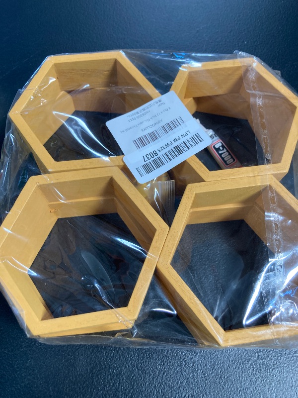 Photo 1 of 8 Pcs 4.13 Inch Honeycomb Cupcake Stand Cake Farmhouse Hexagon Display Holder Hexagonal Wood Cupcake Stand Floating Table Sign with Wooden Bee for Baby Shower Birthday Party Table Decorations