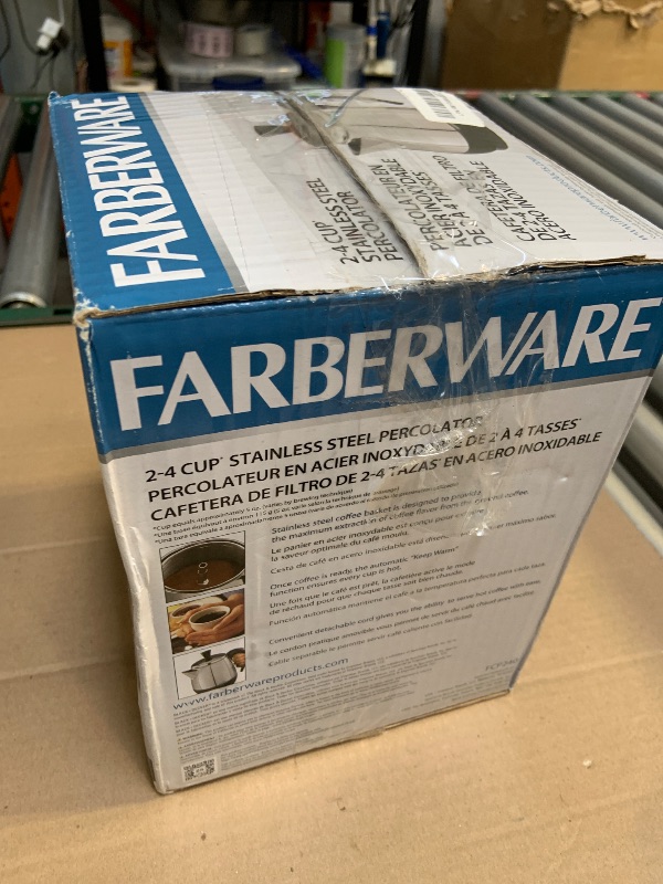 Photo 1 of Farberware Electric Coffee Percolator, FCP240, Stainless Steel Basket, Automatic Keep Warm, No-Drip Spout, 4 Cup, Black/Silver