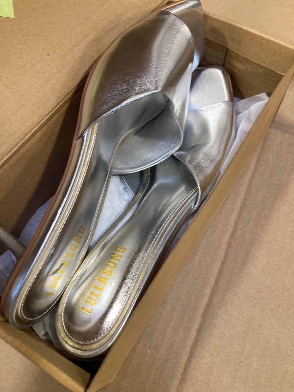 Photo 1 of LULLASONG Silver Kitten Heels Sandals Low Heels Slip On Slides 2 Inch Heeled Square Open Toe Sandals for Women