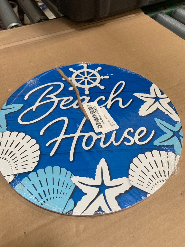 Photo 1 of Deroro Beach House Navy Blue Front Door Sign, Coastal Starfish Conch Helm Wood Door Hanger Outdoor Outside Porch Decor, Summer Nautical Farmhouse Wooden Wreath Indoor Wall Hanging Decoration