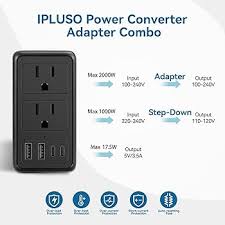 View 1 of 220V to 110V Voltage Converter US to Europe Travel Plug Adapter for Hair Dryer International Universal Travel Adapter with 2 USB A and 2 USB C, Power Converter Adapter Combo for US/