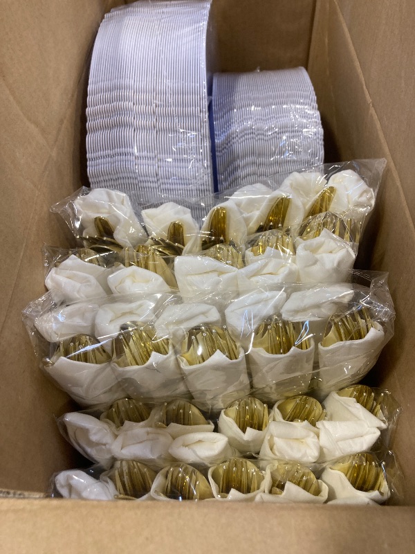 Photo 1 of Nervure 350PCS Gold Plastic Plates - Gold Plastic Dinnerware Sets for 50 Guests - 100 Disposable Plates, 150 Silverware, 50 Cups, 50 Napkins for Wedding & Party