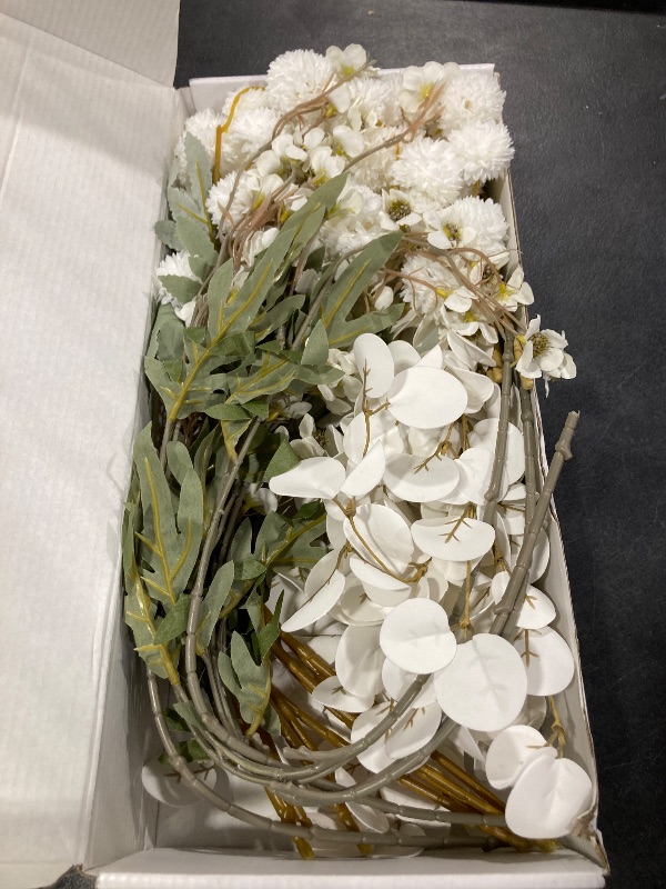Photo 1 of 20pcs White Artificial Flowers Bulk For Vase That Look Real, White Flower Centerpiece For Table, Silk Floral Home Decor Indoor, Faux Kiku + Eucalyptus Stems + Wildflowers, Flores Blancas Artificiales