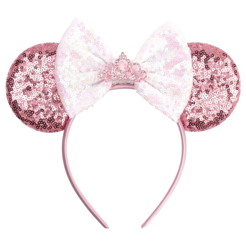 Photo 1 of WOVOWOVO Mouse Ears Headbands for Women Sparkle Pink Bow Mouse Ears Hairbands Halloween Christmas Birthdays Princess Party Hair Accessories