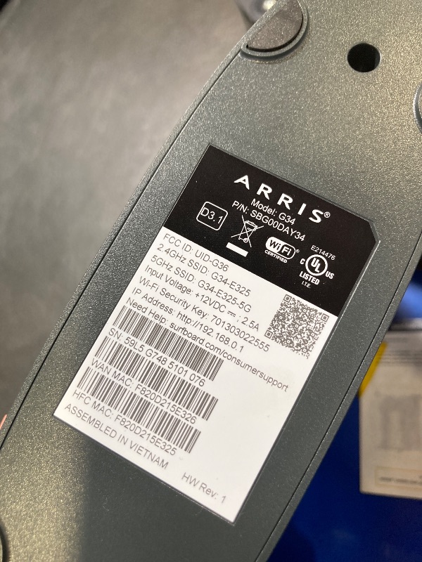 Photo 1 of ARRIS (G34) - Cable Modem Router Combo - Fast DOCSIS 3.1 Gigabit WiFi 6 (AX3000), Approved for Comcast Xfinity, Cox, Spectrum & More, 1 Gbps Max Internet Speeds