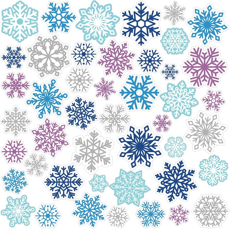 Photo 1 of Pickmesh 45 Pcs Winter Snowflake Window Gel Clings Removable Reusable Snowflake Thick Gel Clings Blue Purple Silver Winter Window Wonderland Stickers Decal for Glass Classroom Home Party Decor
