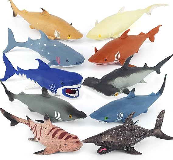 Photo 1 of 10 Pack Shark Toys,8" Soft and Stretchy Realistic Shark Toy Set,Floating Bathtub Toys and Birthday Party Favors for Boys Girls Kids