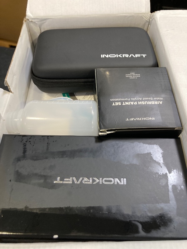 Photo 1 of InoKraft Airbrush Kit with Air Compressor- 1/6 HP Quiet Air Compressor, Gravity Airbrush with 3 Tips 0.2, 0.3 & 0.5 mm- Hose, Holder, How-To Guide- Airbrush Paint Set for Model Painting gift 4 Colors