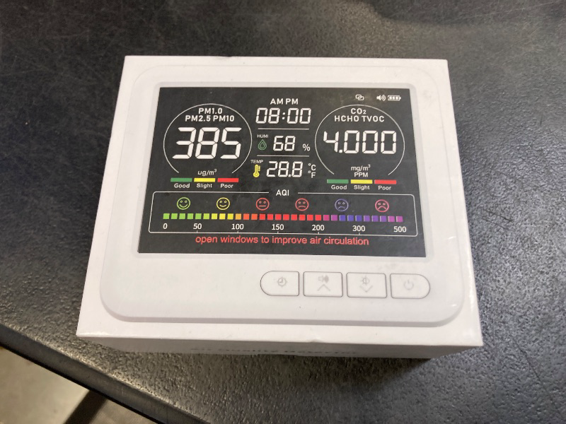 Photo 1 of Professional Indoor Air Quality Monitor with AQI Alarms, Portable Real-Time Detector for Home Cars Plants and Pets (White)