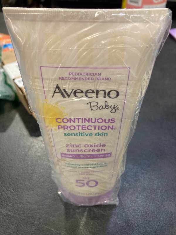Photo 1 of Aveeno Baby Continuous Protection Zinc Oxide Mineral Sunscreen Lotion for Sensitive Skin, Broad Spectrum SPF 50, Tear-Free, Sweat- & Water-Resistant, Paraben-Free, Non-Greasy, 7 fl. oz