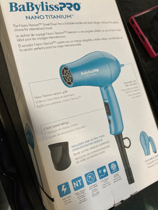 Photo 1 of BaBylissPRO Nano Titanium Travel Dryer, Blue
