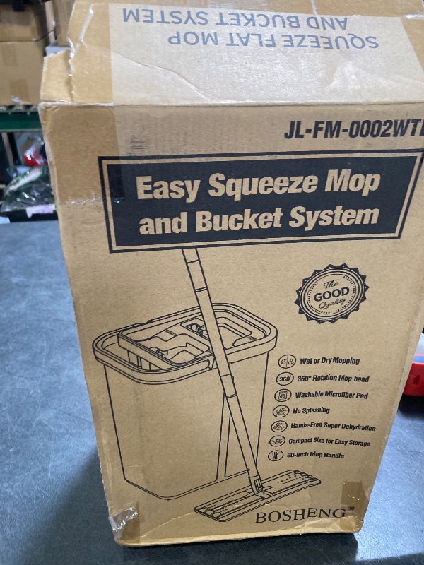 Photo 1 of BOSHENG Mop and Bucket with Wringer Set, Hands Free Flat Floor Mop and Bucket, 3 Washable Microfiber Pads Included, Wet and Dry Use, Home Floor Cleaning System for All Floor Types and Windows