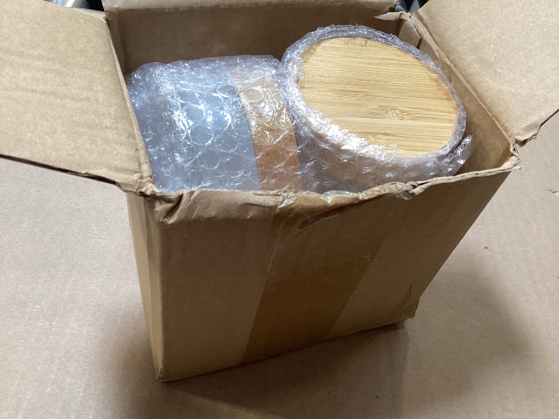 Photo 1 of 4 Pcs 100g/3.4oz Cosmetic Containers Frosted Glass Jar Empty Sample Jars with Bamboo Lids for Cream Lotion Lip Balm Makeup