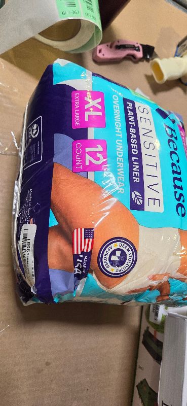 Photo 1 of Because Adult Incontinence Underwear for Sensitive Skin - Women - Premium Overnight Disposable Briefs, Anti Odor - White, X-Large - Absorbs 6 Cups - 12 Count (Pack of 1)