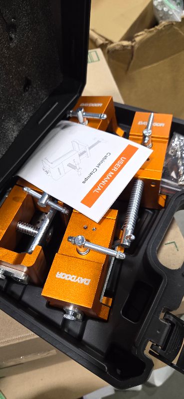 Photo 1 of DAYDOOR Professional Cabinet Clamps 4 Pack, Heavy-Duty Cast Steel, Integrated Drill Guide & EVA Protection, Face Frame Alignment Tool for Cabinet Installation & Woodworking, Orange