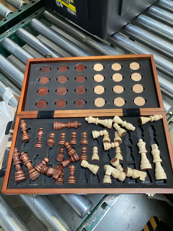 Photo 1 of 2 in 1 Magnetic Chess Set & Checkers Board Game, 15" Wooden Folding Chess Board with 2 Extra Queens, Portable Travel Chess Set with Pieces Storage Slots, Beginner Chess Board Game for Adults & Kids