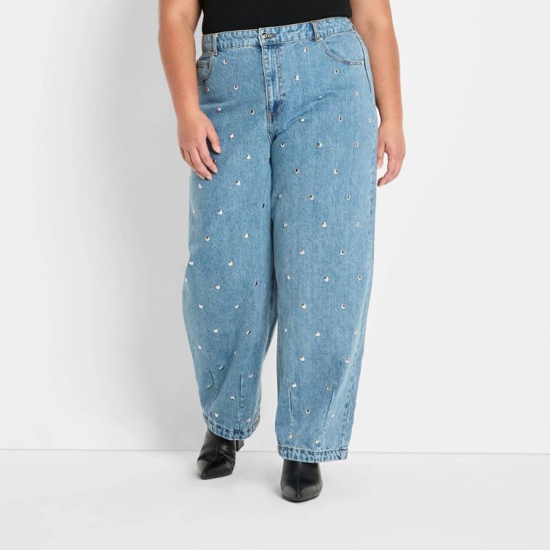 Photo 1 of Women's Mid-Rise Studded Barrel Leg Jeans - Future Collective Blue Denim 17