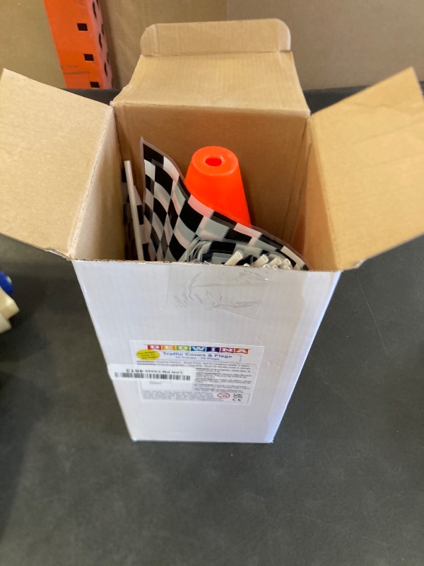 Photo 1 of Bedwina Race Car Birthday Party Decorations - (36 Pcs) 12 - 8-Inch Orange Mini Cones for Kids & 24 Black & White Checkered Flags on Sticks - Race Car Themed Birthday Party Decor & Centerpiece Supplies