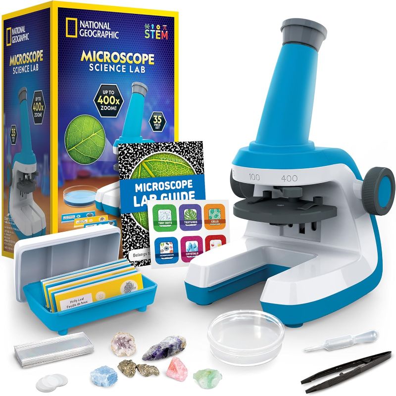 Photo 1 of NATIONAL GEOGRAPHIC Microscope for Kids - Science Kit with an Easy-to-Use Kids Microscope, Up to 400x Zoom, Blank and Prepared Slides, Rock & Mineral Specimens, STEM Project Toy
