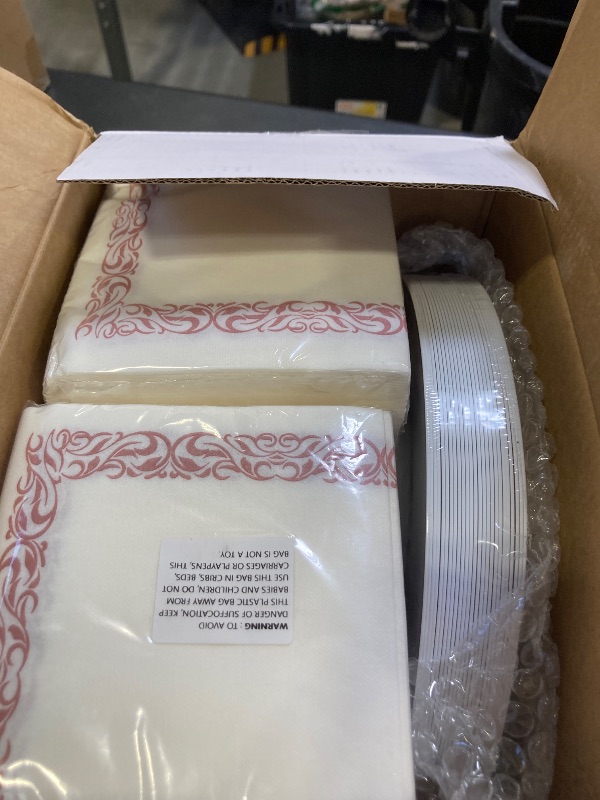 Photo 1 of 250 Count Rose Gold Disposable Plastic Dinnerware Set, 50 Rose Gold Plastic Plates, 25 Silverware, 25 Cups and Straws, 50 Napkins, Perfect for Wedding Party