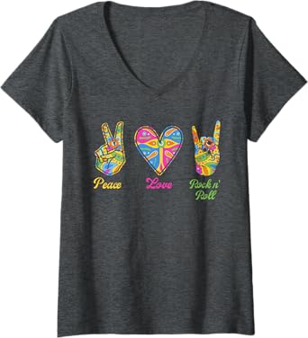 Photo 1 of Womens Peace Love Rock and Roll Hippie Sign Language Costume V-Neck T-Shirt - XL