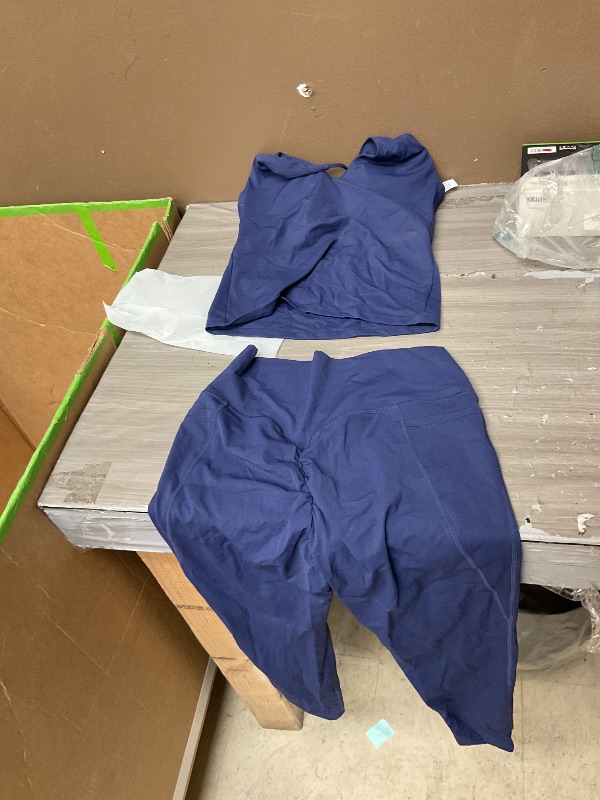 Photo 1 of ABOCIW Workout Sets for Women 2 Piece Color Block Strappy Sports Bra Tummy Control High Waist Biker Shorts Gym Set Yoga Pilates Outfits Work Out Clothes Navy - Medium