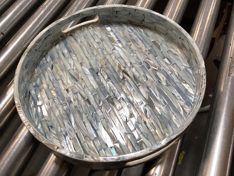 Photo 1 of CLAYNIX Serving Tray 12.5 Inch Round, Wooden Lacquer Tray with Mother of Pearl Inlay, Elegant Tea & Breakfast Tray with Handles (Round)